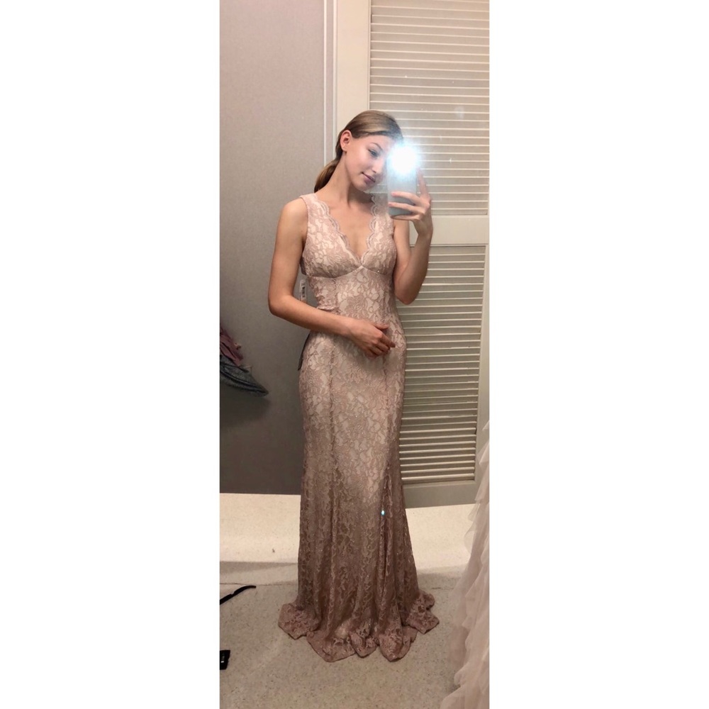 Morgan & Co. Scalloped Glitter Lace Gown